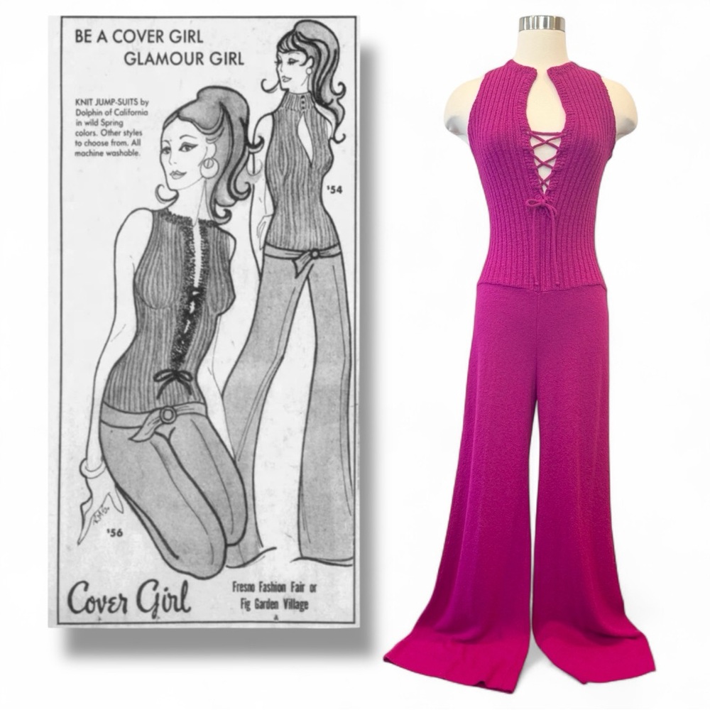 Vintage Dolphin of California Ribbed Knit Hot Pink Lace Up Magenta Jumpsuit
